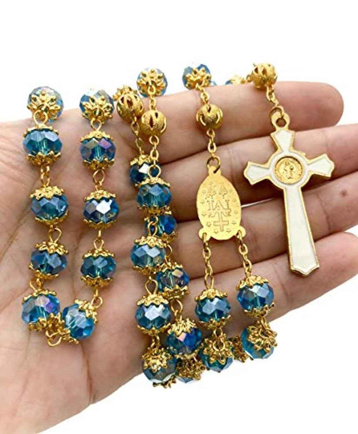 Light Blue Crystal Beads Rosary  St Saint Benedict Cross & Miraculous Medal