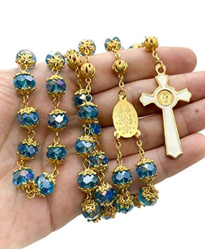 Light Blue Crystal Beads Rosary  St Saint Benedict Cross & Miraculous Medal