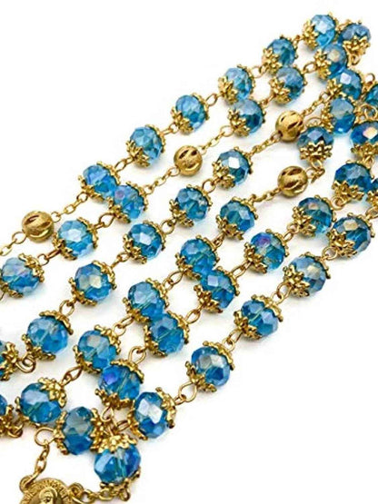 Light Blue Crystal Beads Rosary  St Saint Benedict Cross & Miraculous Medal