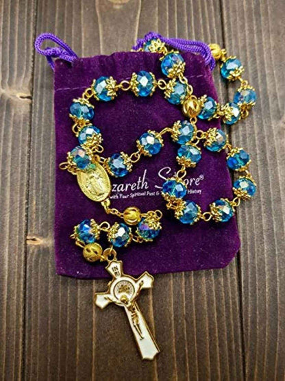 Light Blue Crystal Beads Rosary  St Saint Benedict Cross & Miraculous Medal