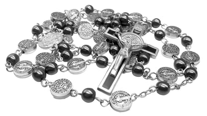 St. Benedict Hematite Rosary Necklace Metal Beads Stainless Medal & Cross