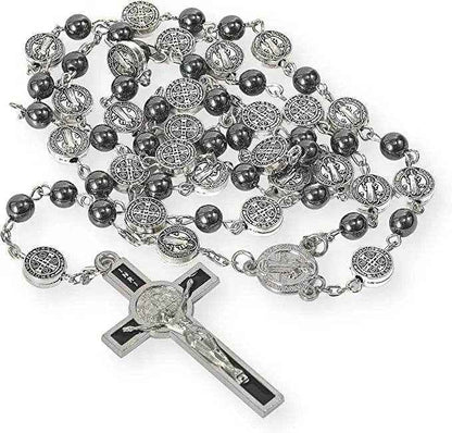 St. Benedict Hematite Rosary Necklace Metal Beads Stainless Medal & Cross