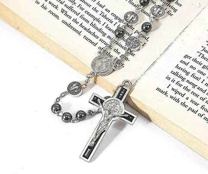 St. Benedict Hematite Rosary Necklace Metal Beads Stainless Medal & Cross