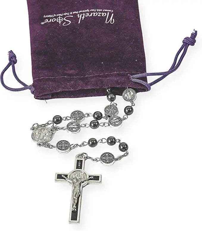 St. Benedict Hematite Rosary Necklace Metal Beads Stainless Medal & Cross