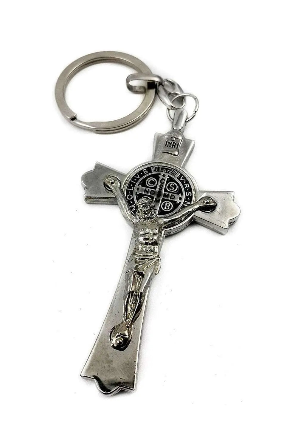 St Benedict Metal Cross Keychain Catholic Key Ring Holder