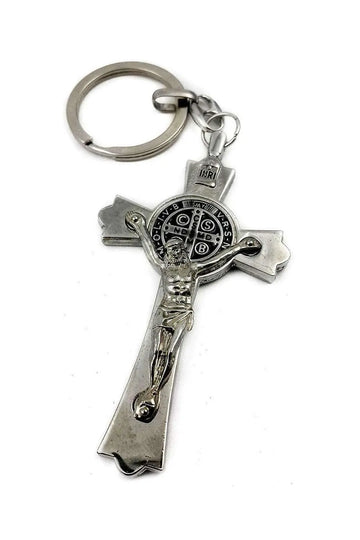 St Benedict Metal Cross Keychain Catholic Key Ring Holder