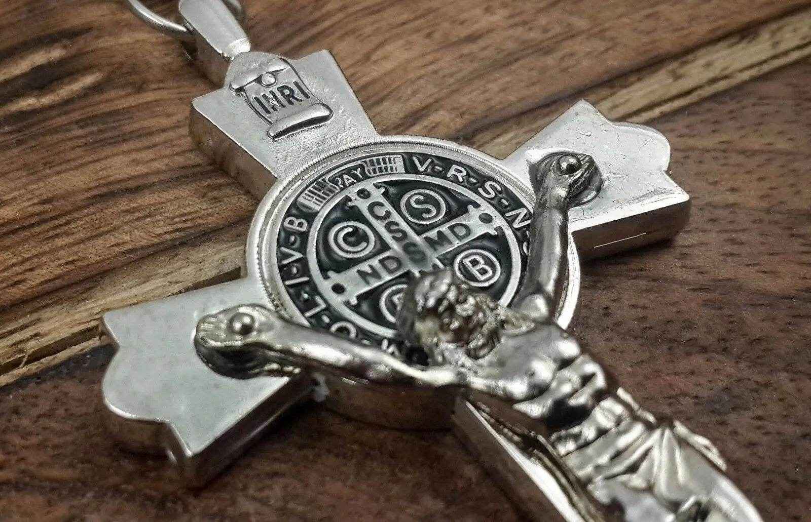 St Benedict Metal Cross Keychain Catholic Key Ring Holder