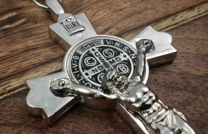 St Benedict Metal Cross Keychain Catholic Key Ring Holder