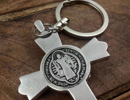 St Benedict Metal Cross Keychain Catholic Key Ring Holder