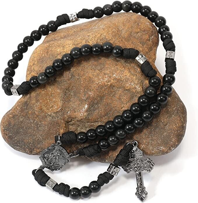 Black Agate Rosary Beads Paracord Set St. Michael Necklace & St. Benedict 22" Nazareth Store