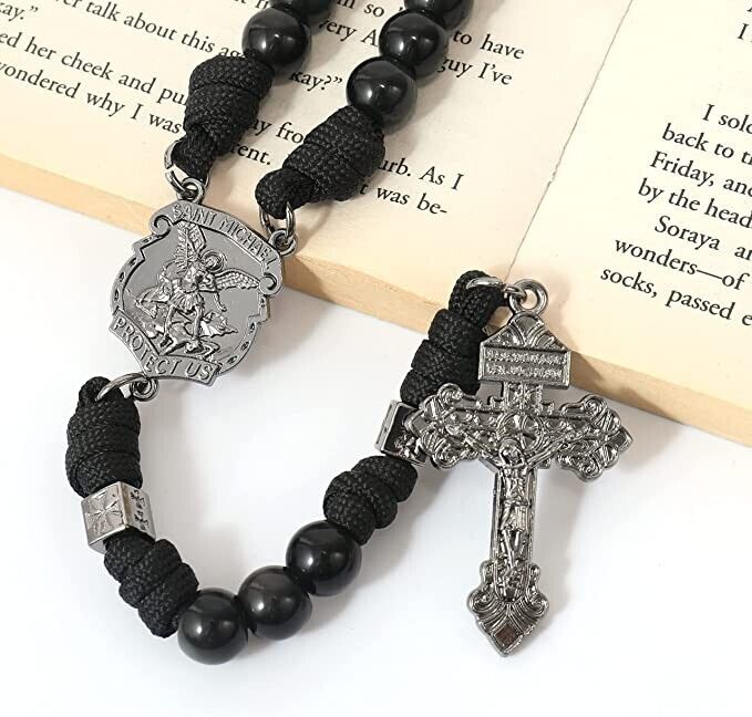 Black Agate Rosary Beads Paracord Set St. Michael Necklace & St. Benedict 22" Nazareth Store