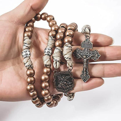 St. Michael Copper Rugged Paracord Rosary Necklace with Strong Metal Beads & Our Father Rosario - Nazareth Store