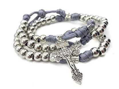 Stainless Steel Silver Rosary Necklace Paracord Rugged Beads with Pardon Cross - Nazareth Store