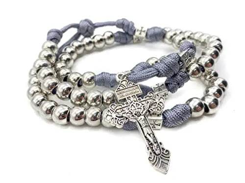 Stainless Steel Silver Rosary Necklace Paracord Rugged Beads with Pardon Cross - Nazareth Store
