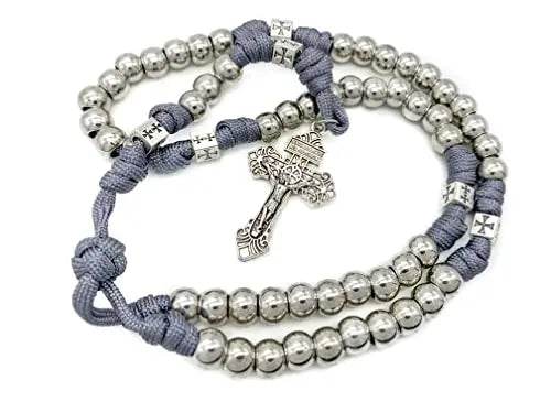 Stainless Steel Silver Rosary Necklace Paracord Rugged Beads with Pardon Cross - Nazareth Store
