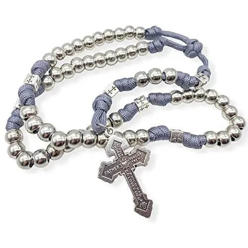 Stainless Steel Silver Rosary Necklace Paracord Rugged Beads with Pardon Cross - Nazareth Store