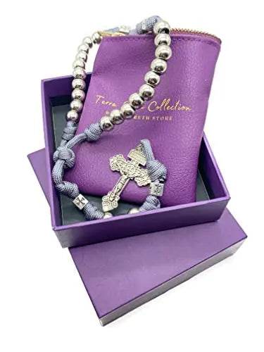 Stainless Steel Silver Rosary Necklace Paracord Rugged Beads with Pardon Cross - Nazareth Store