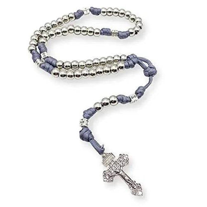 Stainless Steel Silver Rosary Necklace Paracord Rugged Beads with Pardon Cross - Nazareth Store