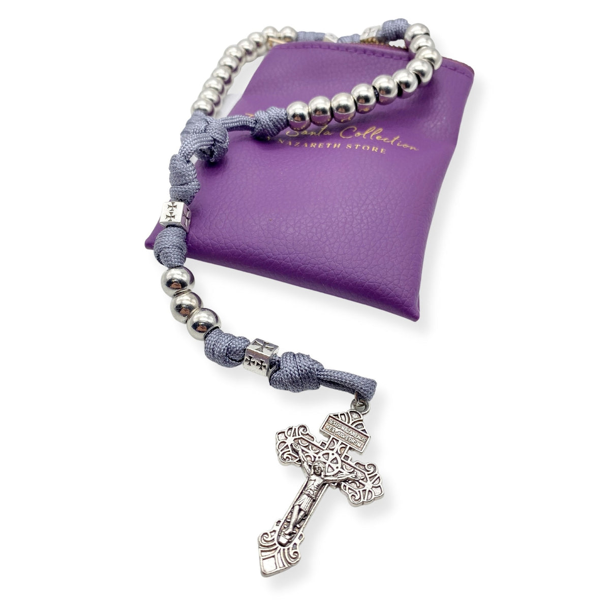 Stainless Steel Silver Rosary Necklace Paracord Rugged Beads with Pardon Cross - Nazareth Store