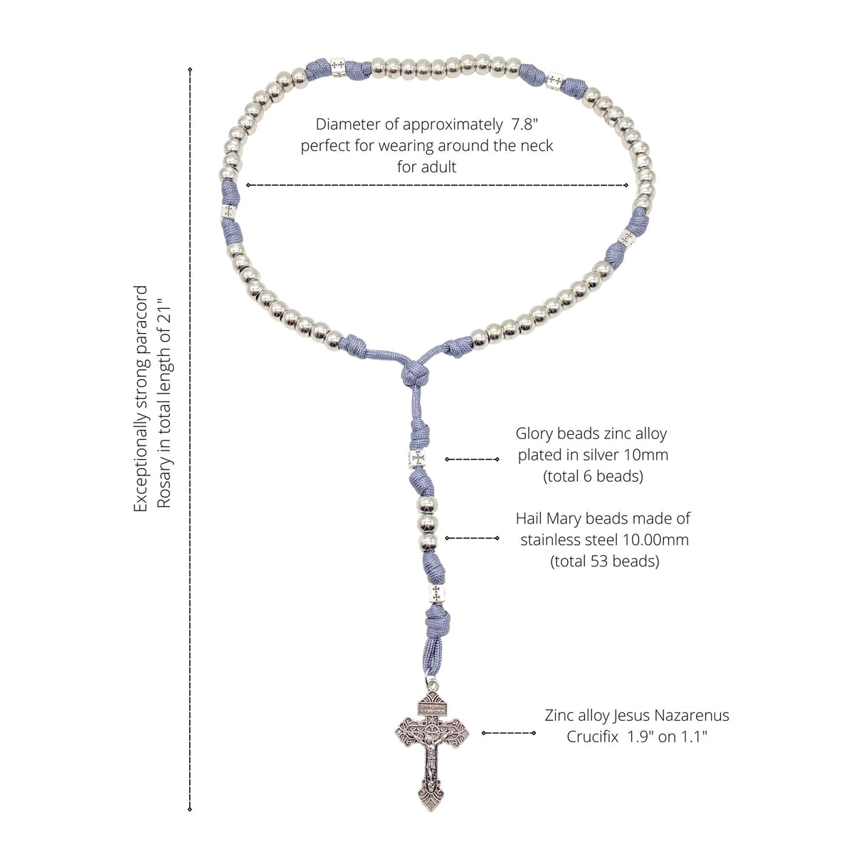 Stainless Steel Silver Rosary Necklace Paracord Rugged Beads with Pardon Cross - Nazareth Store