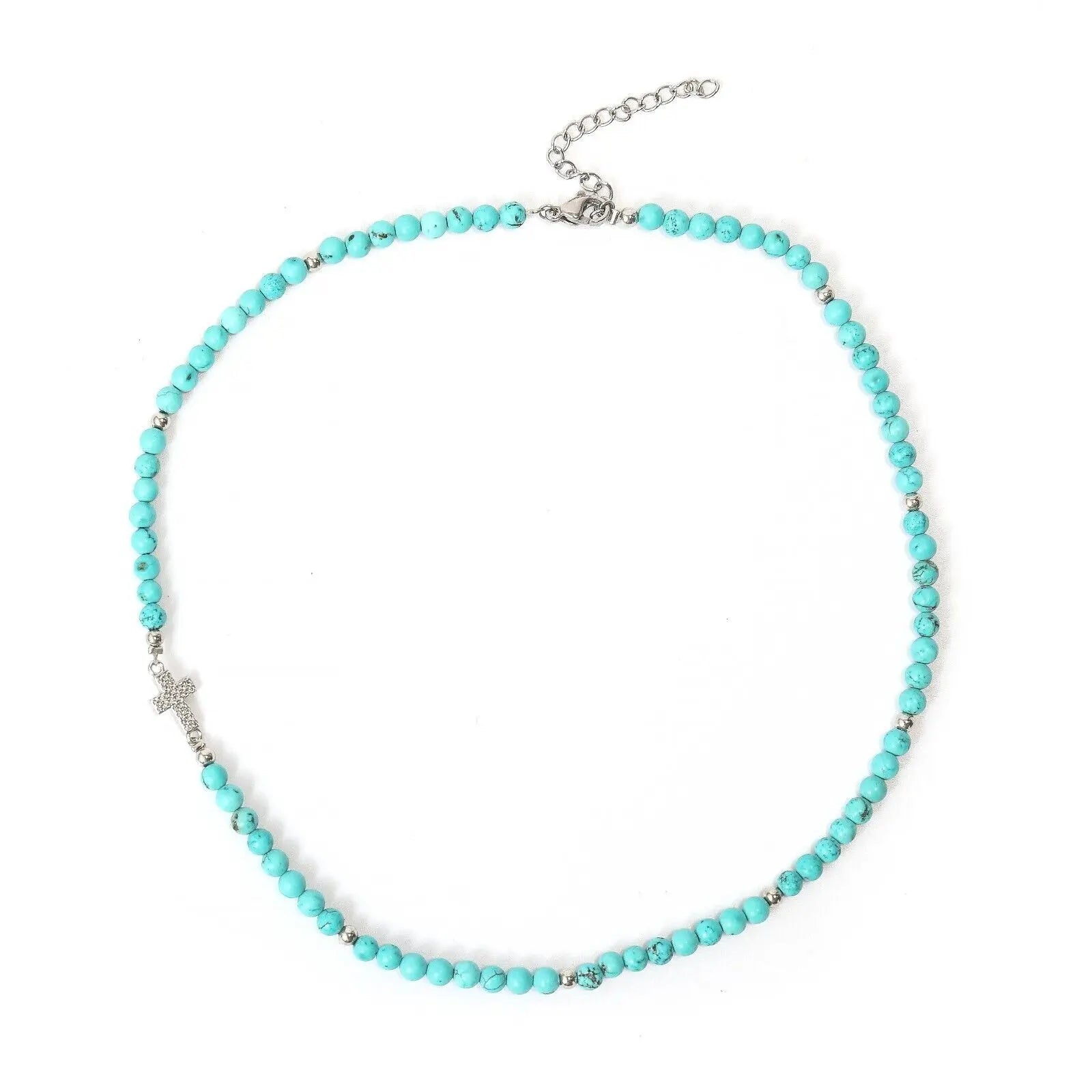 Turquoise Gemstones Beads Cross Necklace Gemstones Faith Choker 15" 