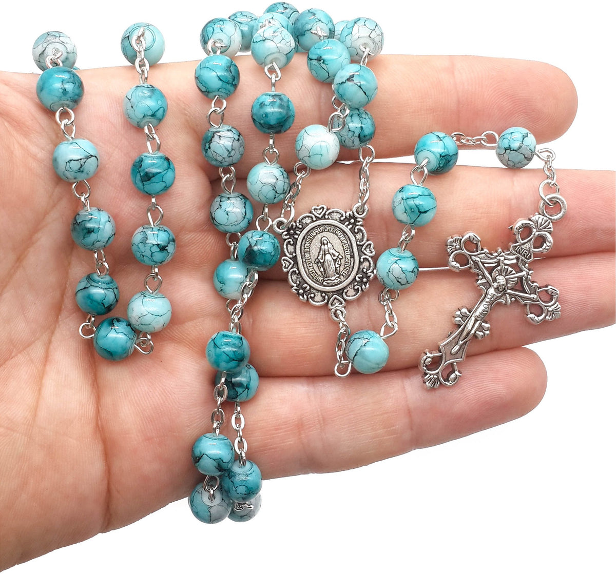 Catholic Turquoise Marble Rosary Necklace with Glass Beads & Miraculous Medal Cross - Nazareth Store