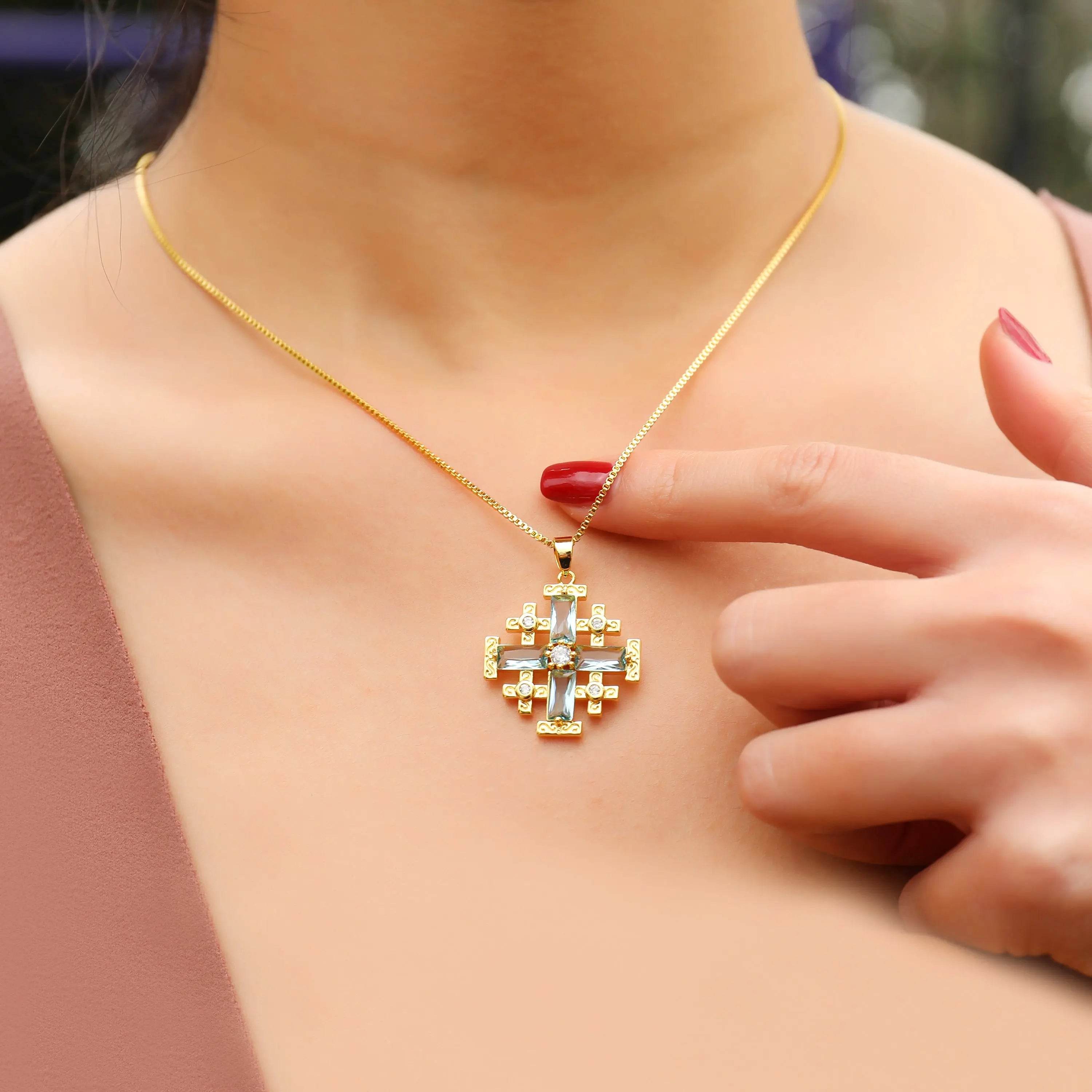 Turquoise Cross Pendant Gold Plated Necklace & Zircon Crystallized Glass - Nazareth Store