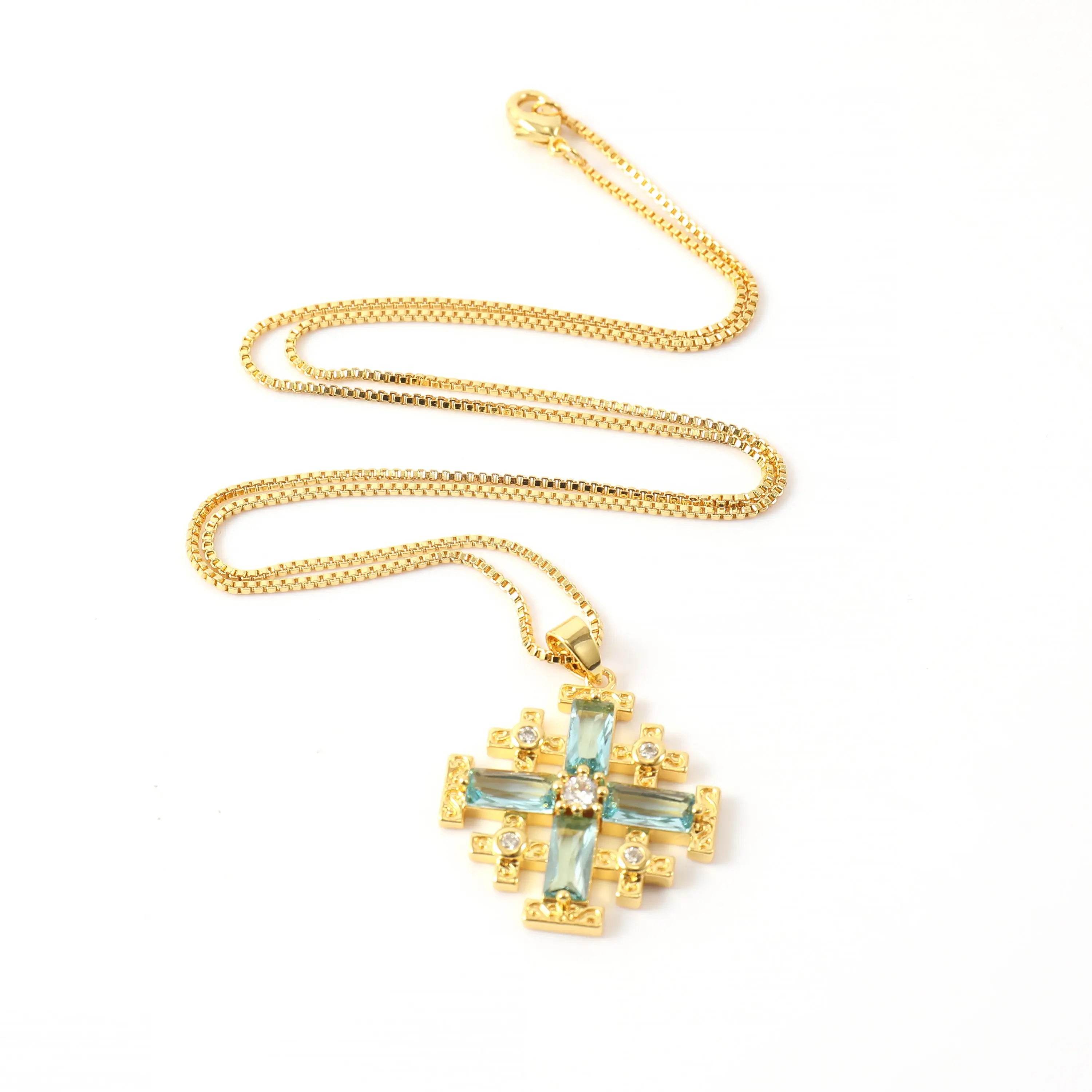 Turquoise Cross Pendant Gold Plated Necklace & Zircon Crystallized Glass - Nazareth Store