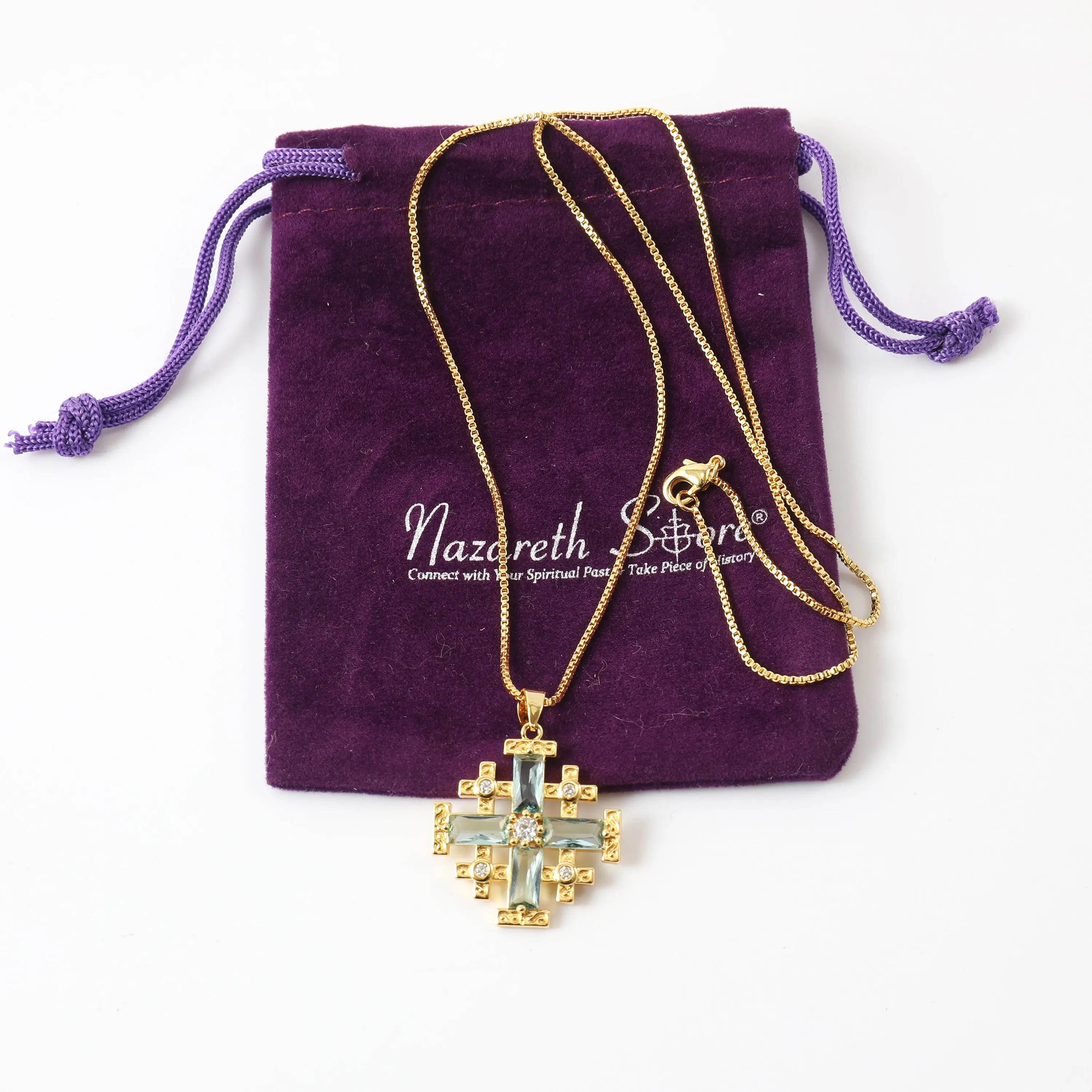 Turquoise Cross Pendant Gold Plated Necklace & Zircon Crystallized Glass - Nazareth Store