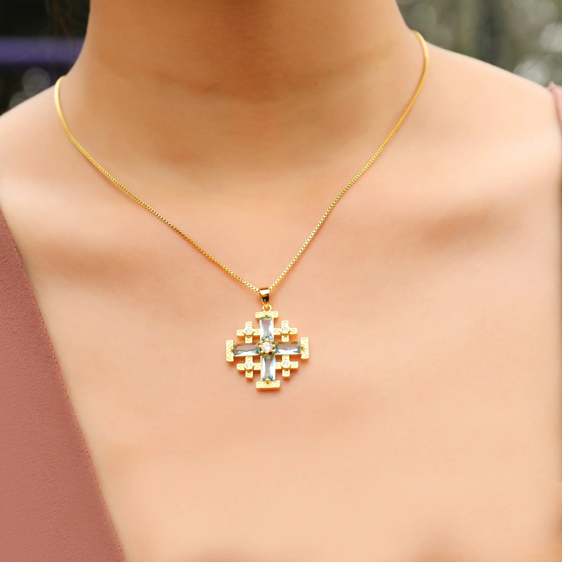 Turquoise Jerusalem Cross Pendant Gold Plated Necklace & Zircon Crystallized Glass Nazareth Store