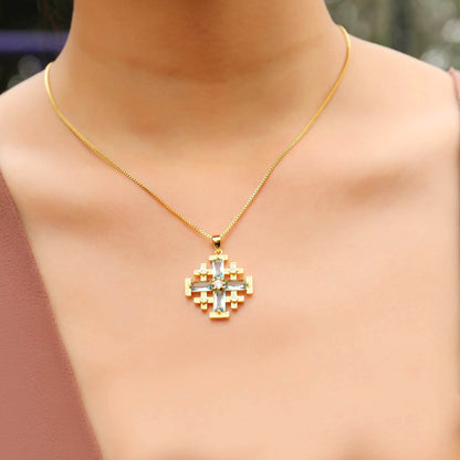 Turquoise Cross Pendant Gold Plated Necklace & Zircon Crystallized Glass - Nazareth Store