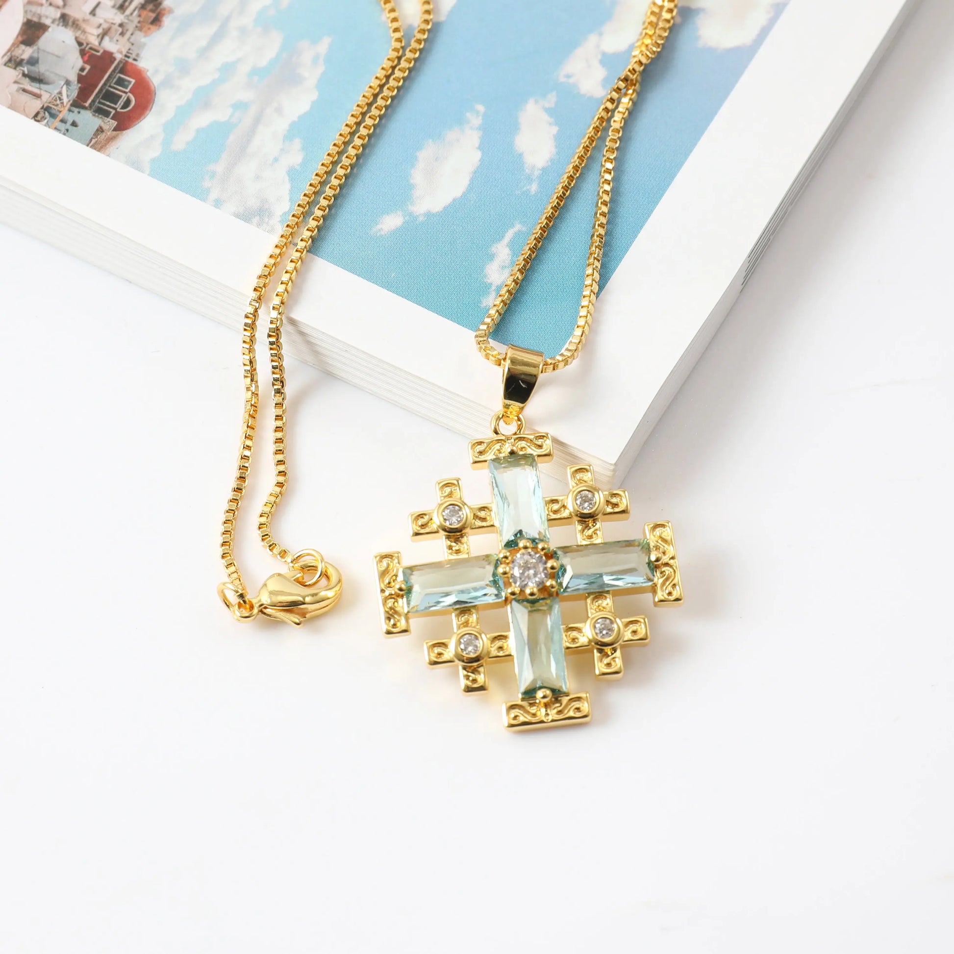 Turquoise Jerusalem Cross Pendant Gold Plated Necklace & Zircon Crystallized Glass Nazareth Store