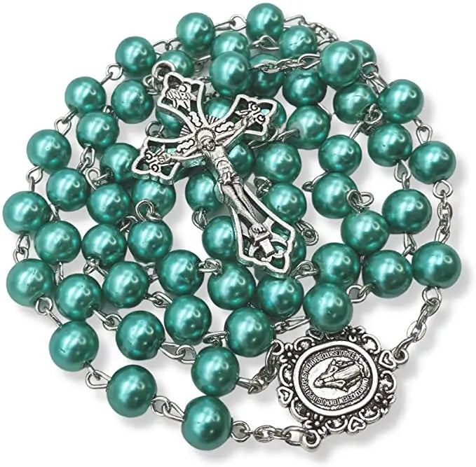 Turquoise Marble Pearl Beads Rosary Miraculous Medal & Cross - Velvet Bag Nazareth Store