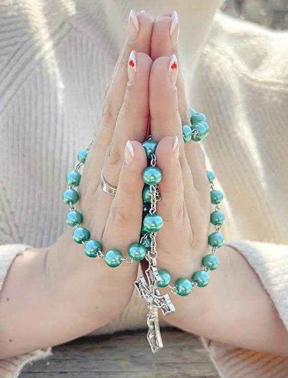 Turquoise Marble Pearl Beads Rosary Miraculous Medal & Cross - Velvet Bag