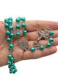 Turquoise Marble Pearl Beads Rosary Miraculous Medal & Cross - Velvet Bag Nazareth Store