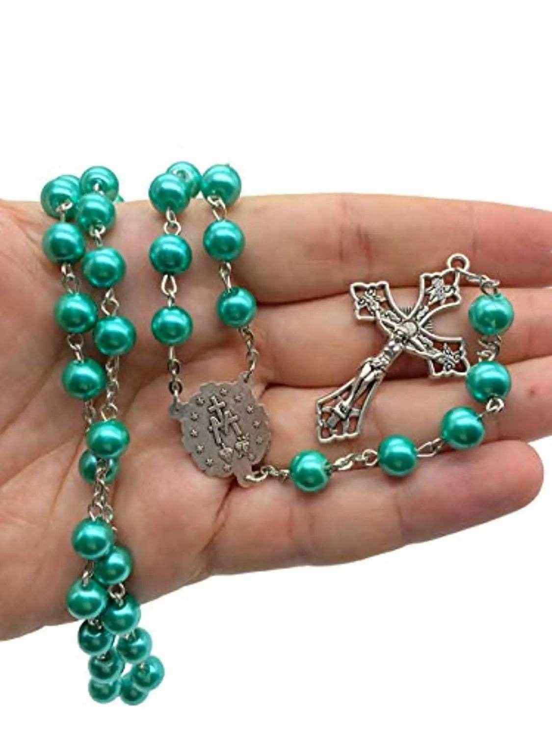 Turquoise Marble Pearl Beads Rosary Miraculous Medal & Cross - Velvet Bag