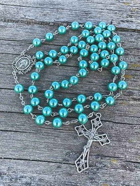 Turquoise Marble Pearl Beads Rosary Miraculous Medal & Cross - Velvet Bag
