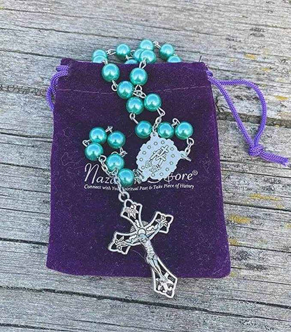 Turquoise Marble Pearl Beads Rosary Miraculous Medal & Cross - Velvet Bag