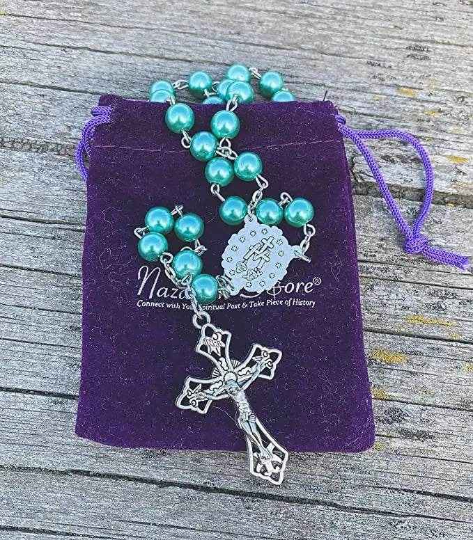 Turquoise Marble Pearl Beads Rosary Miraculous Medal & Cross - Velvet Bag
