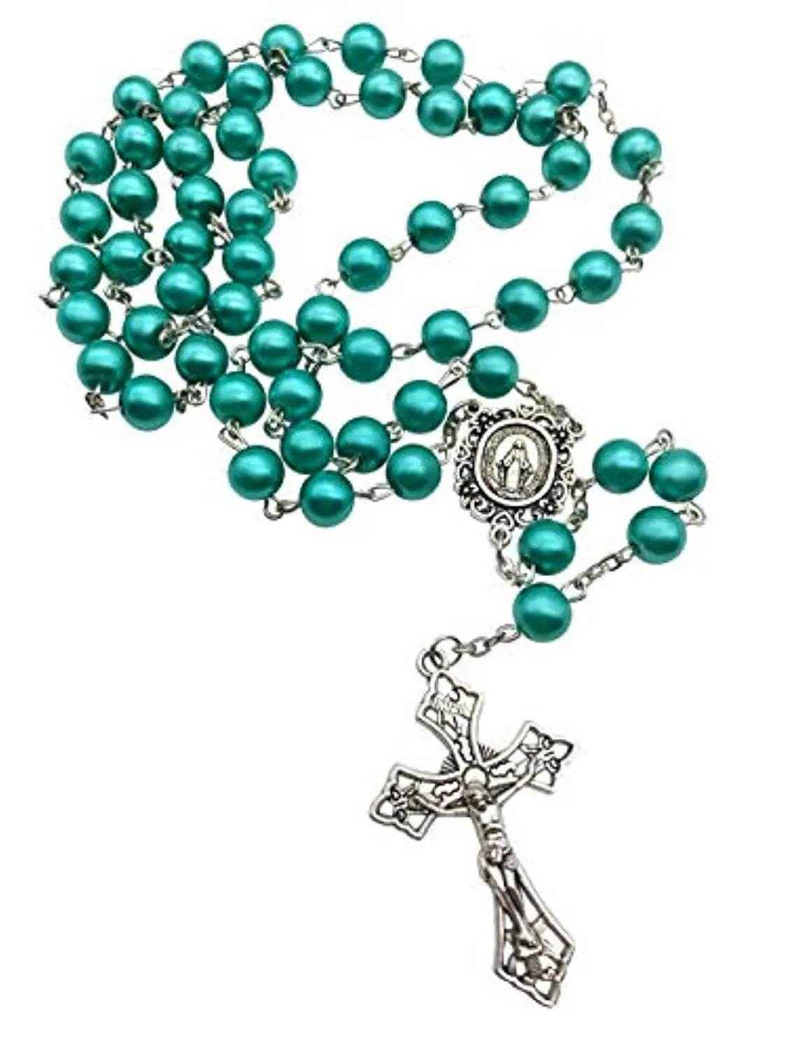 Turquoise Marble Pearl Beads Rosary Miraculous Medal & Cross - Velvet Bag
