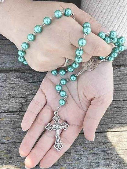Turquoise Marble Pearl Beads Rosary Miraculous Medal & Cross - Velvet Bag