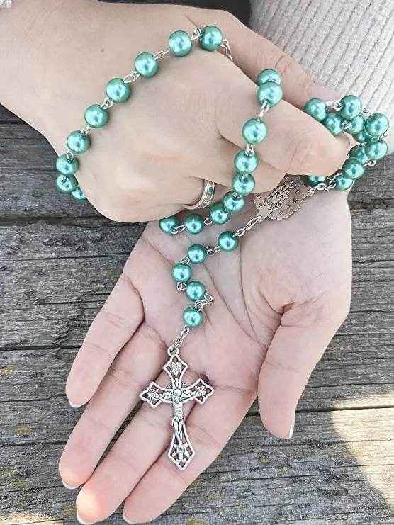 Turquoise Marble Pearl Beads Rosary Miraculous Medal & Cross - Velvet Bag