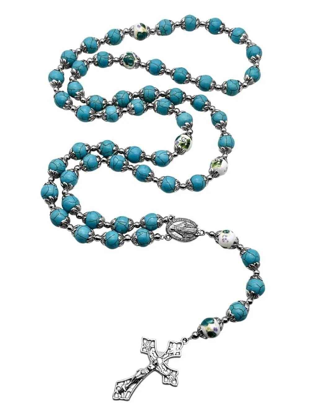 Turquoise Marble Rosary Necklace with Floral Beads, Miraculous Medal & Cross Crucifix  - Nazareth Store