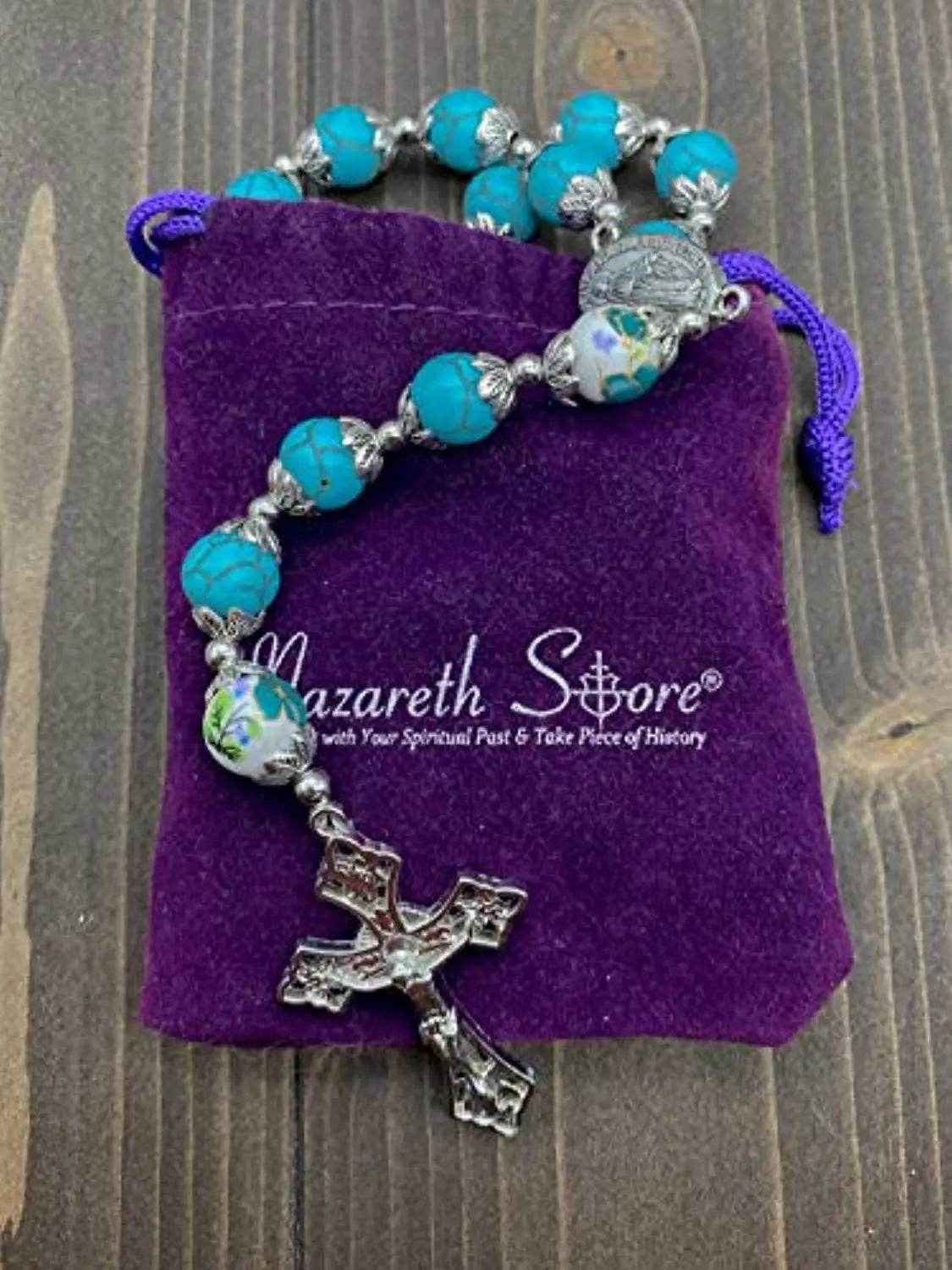 Turquoise Marble Rosary Necklace with Floral Beads, Miraculous Medal & Cross Crucifix  - Nazareth Store