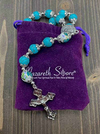 Turquoise Marble Rosary Necklace with Floral Beads, Miraculous Medal & Cross Crucifix  - Nazareth Store