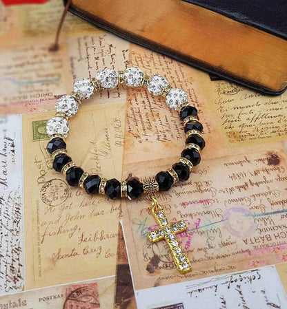 White Black Rosary Beads Wrist Bracelet - Nazareth Store