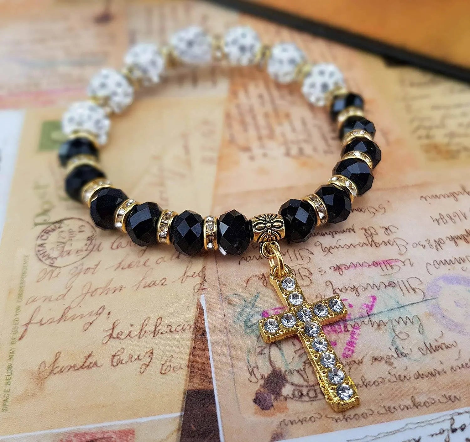 White Black Beads Wrist Rosary Bracelet Nazareth Store