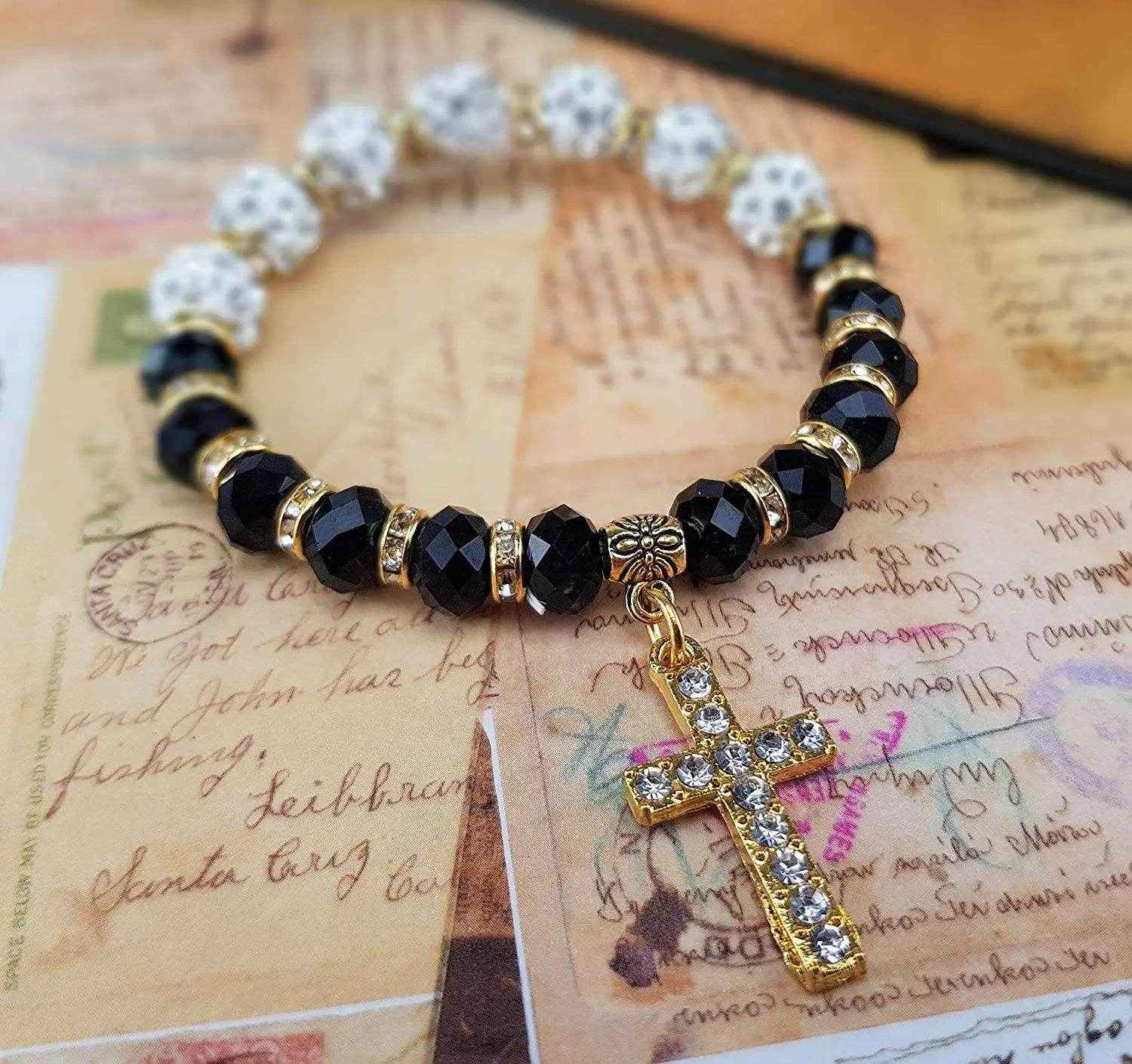 White Black Beads Wrist Rosary Bracelet