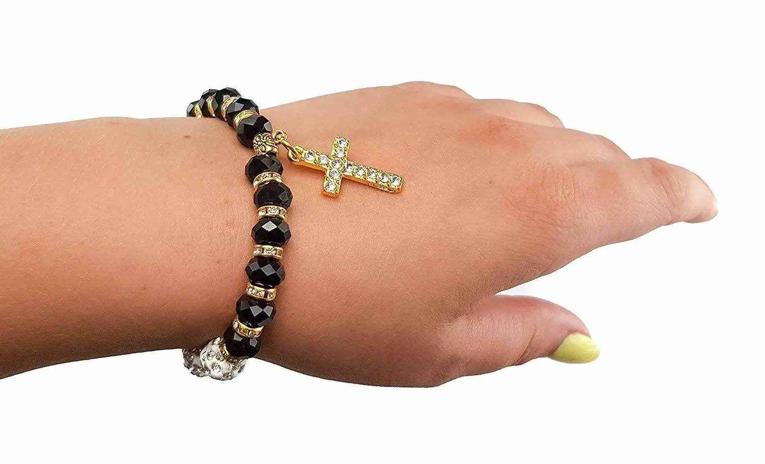 White Black Beads Wrist Rosary Bracelet