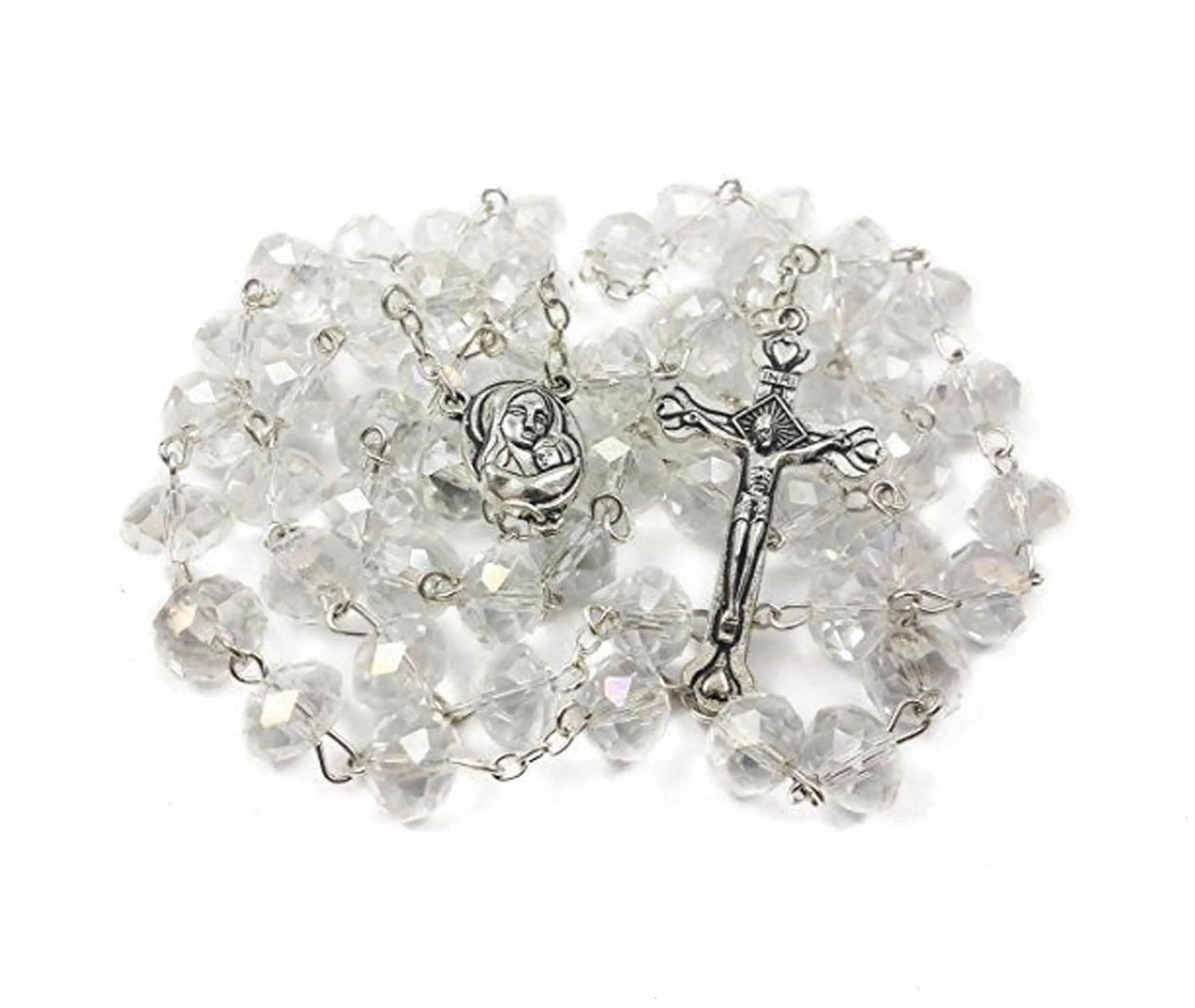 White Crystal Beads Rosary Necklace Holy Soil Medal & Cross Crucifix 